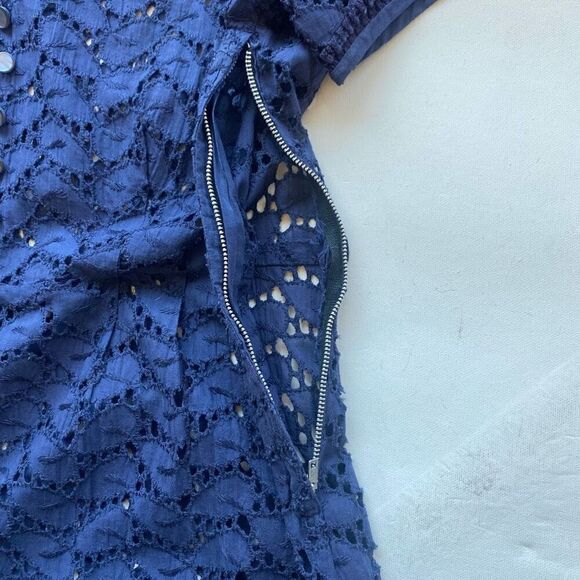 Rare Vintage Navy Blue Eyelet Lace Midi Dress Short Sleeve 50s Fit & Flare Women - Picture 10 of 12